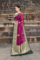 Magenta - Bottle Green Pure Kora Organza Banarasi Handloom Silk Saree